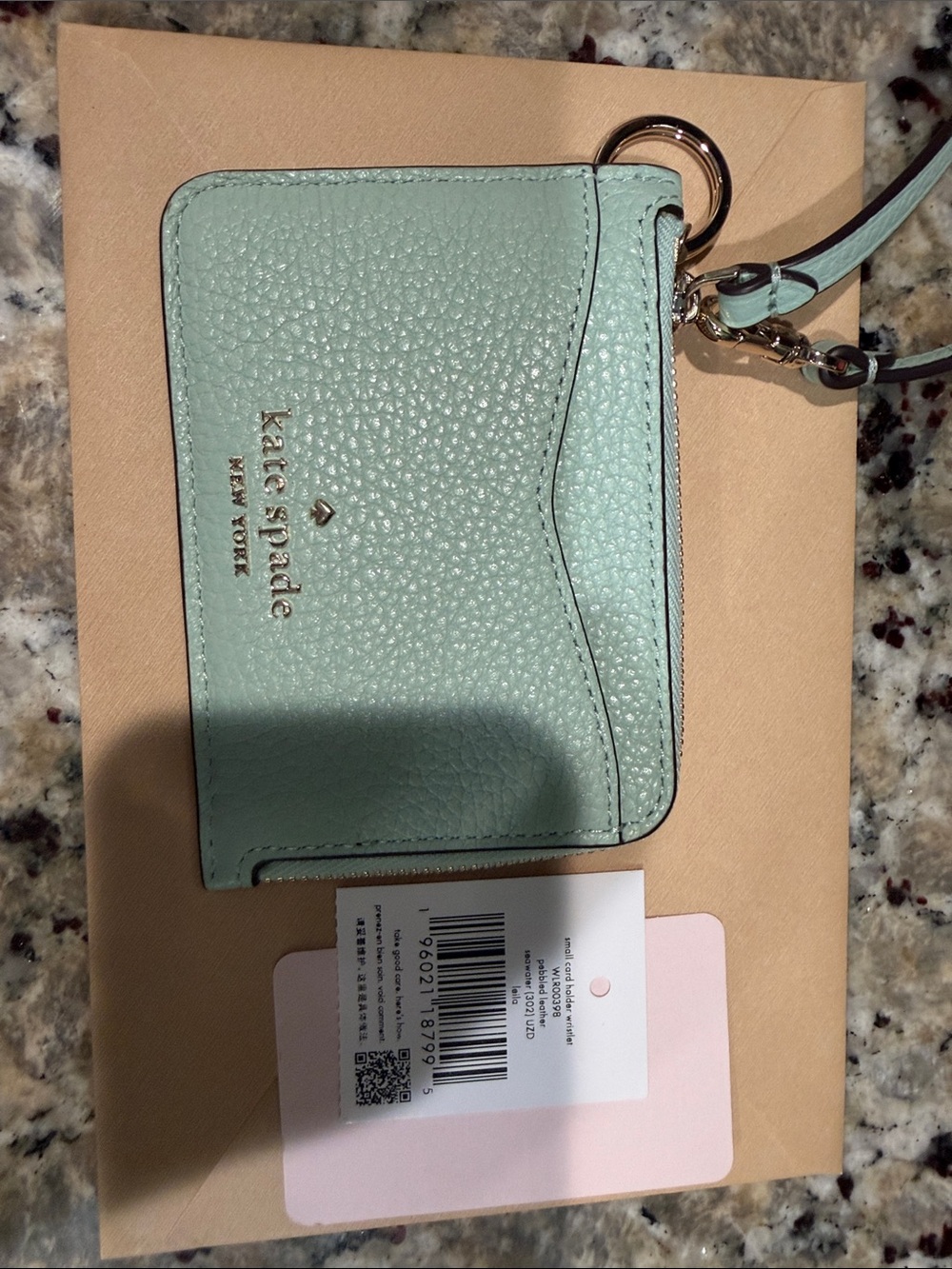 kate spade Pebbled Mint Leather Card Holder with Keyring